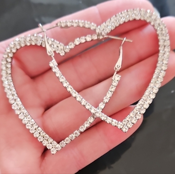 Silver Tone & Rhinestone Heart Shaped Hoop Earrings - Picture 3 of 3